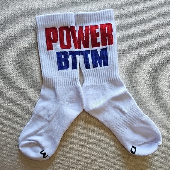 D.M Other - White Athletic Crew Socks with Red & Blue  "POWER BTTM"